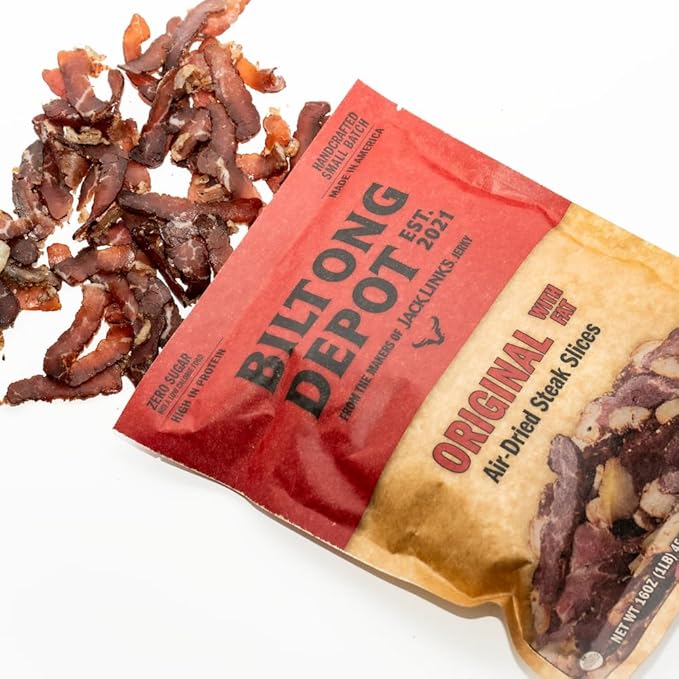 Biltong Depot Original Beef Biltong Slices with Fat – 1lb (16oz) | Air-Dried Beef Jerky Snack | High Protein | Zero Sugar | Keto &amp Paleo Friendly | Gluten Free | No Artificial Preservatives | No M
