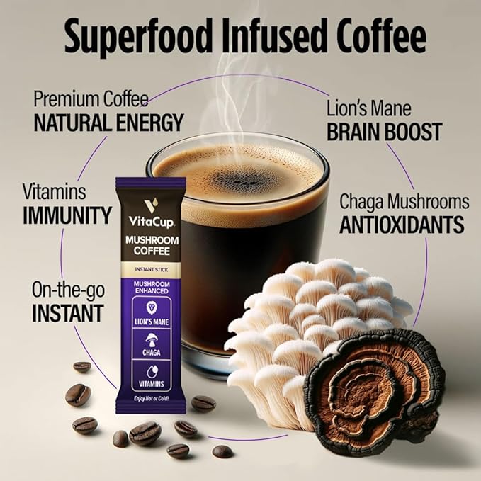 VitaCup Mushroom Coffee Instant Packets for Memory &amp Clarity Support w/Fiber Chaga Lion’s Mane D3 B Vitamins Medium Roast 100% Arabica &amp Robusta Coffee in Single Serve Sticks 24 Ct