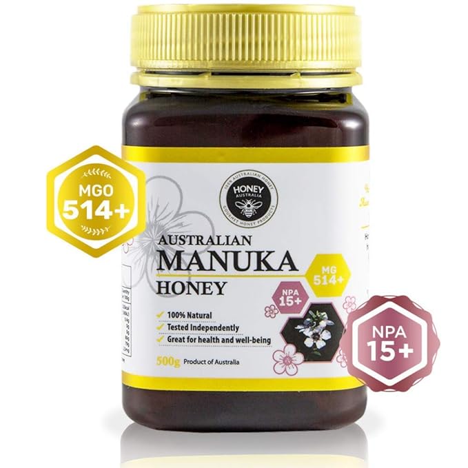 Honey Australia Manuka Honey MGO 514+ | 17.6 oz | Raw Organic Pure Certified Australian Honey for Immunity Support &amp Vitality | Natural Sweetener &amp Health Boost | Medical Grade Nutrient-Ric