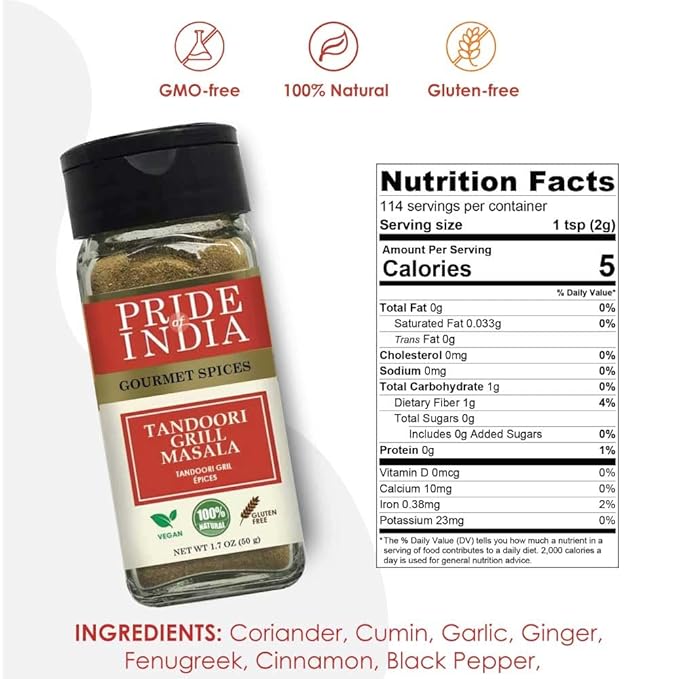 Pride of India - PACK of 6 - Tandoori Grill Masala – Blend of Exotic &amp Gourmet Spices – Ideal for Vegetable Meat &amp Chicken Cooking – GMO Free – Easy to Use - 1.7 oz. Small Dual Sifter Bottle