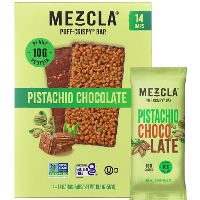 Mezcla Plant Based Protein Bars Puff-Crispy Bar Pistachio Chocolate 1.4 oz Bars Plant-Based Protein Snack Gluten Free 14 Count (Pack of 2)