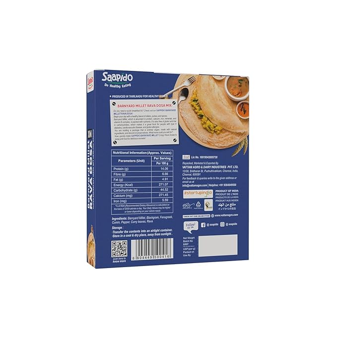 SAAPIDO Barnyard Millet Dosa Mix (Dosa Batter) Natural and Healthy Food Instant Millets Breakfast Mix- Rich in Protein &amp High Fiber (1.1 lbs)