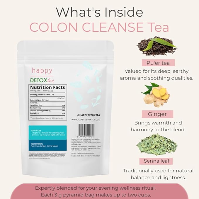 Happy Detox Tea - Colon Cleanse - Digestion &amp Bloated Belly Relief – Laxative Tea – Senna Tea - 84-Day Supply - 42 Tea Bags