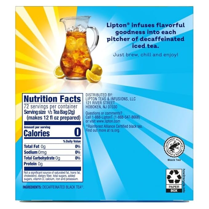 Lipton Decaf Black Iced Tea Bags Family Size Zero Calories 144 Total Tea Bags (24ct - Pack of 6)