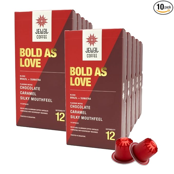 Jewel Coffee Specialty Coffee Pods - Bold As Love Blend 100% Arabica Coffee Intensity 12 Medium Roast Compatible with Original Nespresso Machines 100 Count (10 Boxes of 10 Espresso Capsules)