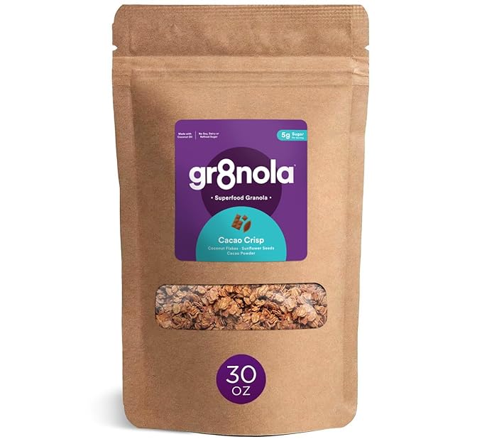 gr8nola CACAO CRISP - Healthy Low Sugar Vegan Granola Cereal - Made with Superfoods Cacao Coconut and Sunflower Seeds Soy Free Dairy Free and No Refined Sugar - 30oz (1.8 lb) Resealable Bag