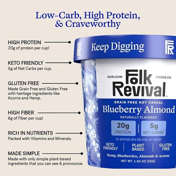 Folk Revival Blueberry Almond Keto Instant 'Oatmeal' - 20g Protein 5g Net Carbs High Fiber Non GMO Gluten Free Made with Acorns - 6 Cups Per Case