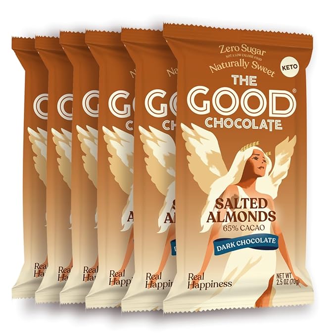 THE GOOD CHOCOLATE – Salted Almonds Dark Chocolate Bars with Zero Sugar &amp Lower Net Carbs – Keto Chocolate Bar with Lower Calories All Natural and Non-GMO Keto Snacks 2.5 oz (6 Bars Value Pack)