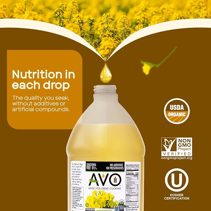 AVO Organic Canola Oil for Cooking Frying Baking Salads Vinaigrette Marinades - General Organic Cooking Oil 64 Fl-oz (Half a Gallon) NO preservatives added High Smoke Point 465°F