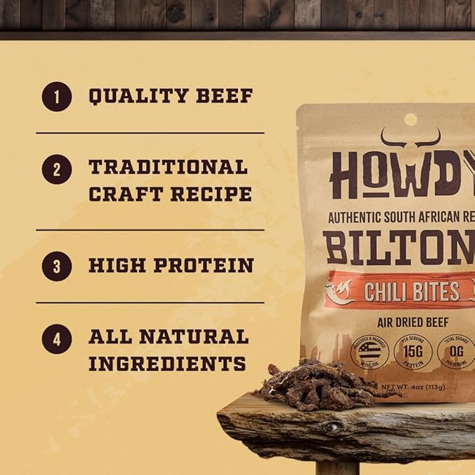 HowdySnax Biltong Chili Bites – 4 Pack (16 oz Total) – Bulk Spicy Beef Snack • High‑Protein • Keto &amp Paleo • No Preservatives • Made in USA