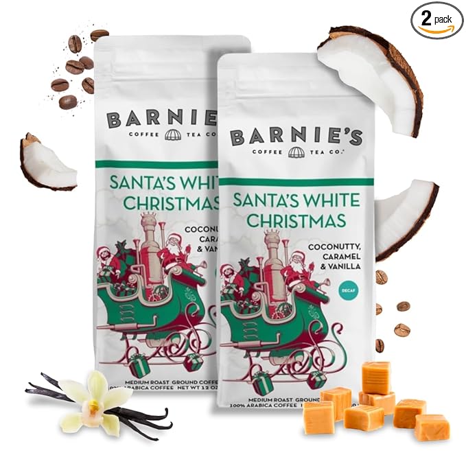 Barnie's Coffee Santa's White Christmas Decaf Ground Coffee with Coconut Sweet Caramel and Warm Vanilla Flavors Medium Roasted Arabica Beans 12 oz Bag (Pack of 2)