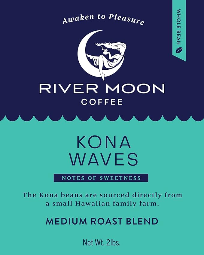 River Moon Coffee Kona Coffee Whole Bean Medium Roast 2 lbs Kona Waves Hawaiian Blend Sustainably Farmed 100% Arabica