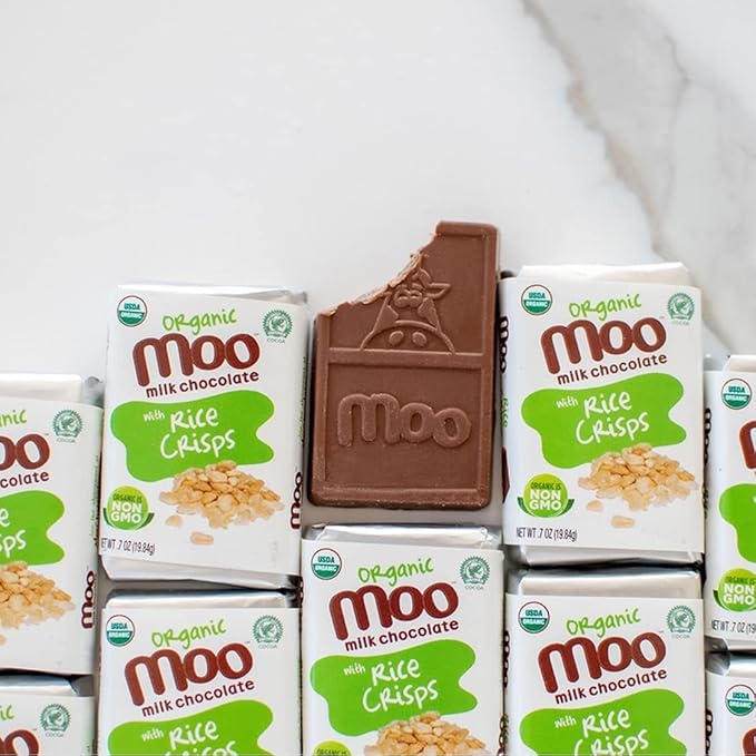 Moo Chocolates Organic Milk Chocolate Mini Bars with Rice Crisps 0.7oz 28 ct (Pack of 2) | USDA Organic Non-GMO | 100 Calorie Snacks for On-the-Go Lunchboxes Office