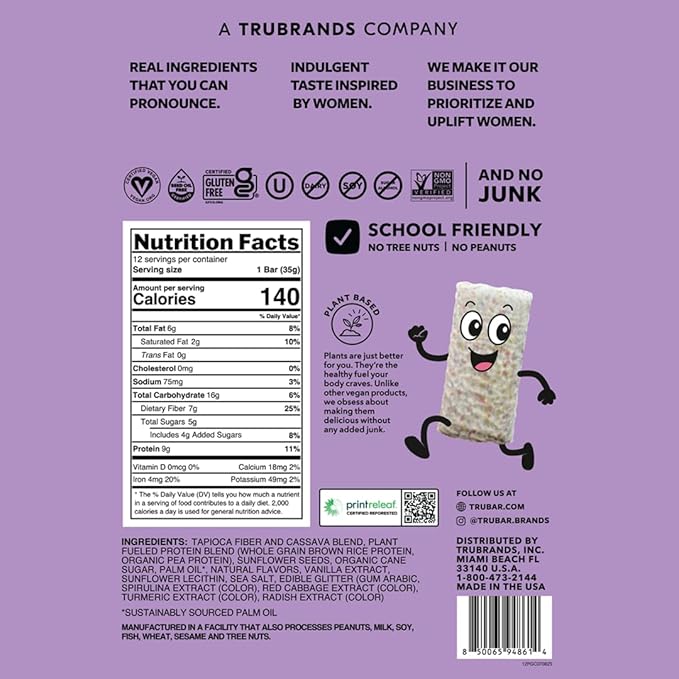 TRUBAR Kids Protein Bars Pop Goes Confetti Plant Based Protein Gluten Free School-Friendly Snacks for Lunchboxes Tree Nut and Peanut Free Low Sugar Healthy On the Go Snack Bars 12 Count
