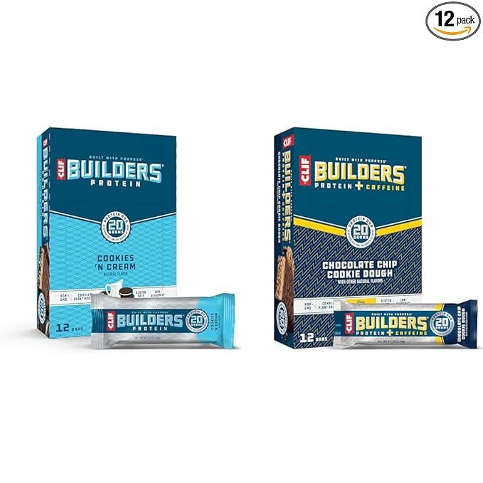 CLIF Builders Protein Bars Bundle - Cookies 'n Cream &amp Chocolate Chip Cookie Dough Flavors - 20g Plant Protein - Gluten-Free - 12 Count