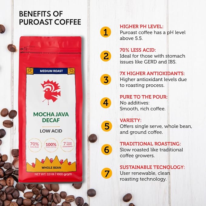 Puroast Low Acid Coffee Decaf Bean | Decaf Mocha Java Whole Bean | Medium Roast | High Antioxidants &amp High pH |No Bitter Aftertaste | Reduced Heartburn &amp GERD | Suitable for Cold Brew - 2.2 LB