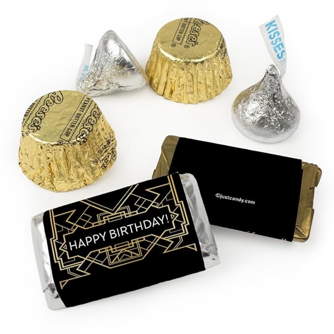 200pcs Personalized Gatsby Birthday Candy Kit Chocolate Party Favors for Guests Candy Buffet Supplies (Custom Wrapped Miniatures Kisses Peanut Butter Cups)