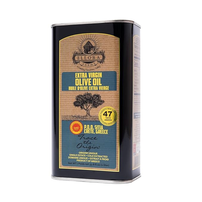 Ellora Farms Greek Extra Virgin Olive Oil Certified PDO SITIA Single Estate Single Origin High in Phenols Cold Press &amp Traceable Olive Oil Crete Greece Kosher 1 Lt Tin (33.8 oz.)