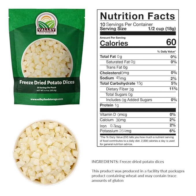 Valley Food Storage Freeze Dried Diced Potatoes | 10-Bag Bucket 64 oz | Premium Emergency Food Supply | Non-GMO Survival Food 25 Year Shelf Life | Prepper Supplies Camping Food &amp Off-Grid Livin