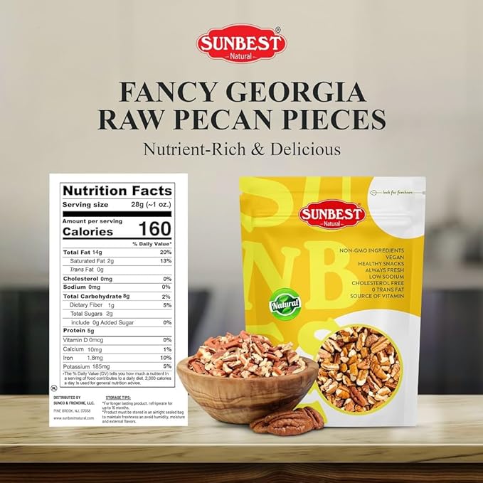 Sunbest Natural Fancy Georgia Raw Pecan Pieces 80oz (5 lbs) - Nutrient-Rich &amp Delicious Raw Pecans - Kosher Non-GMO Vegan-Friendly Ideal for Cooking Baking &amp Snacking - Superior to Organic