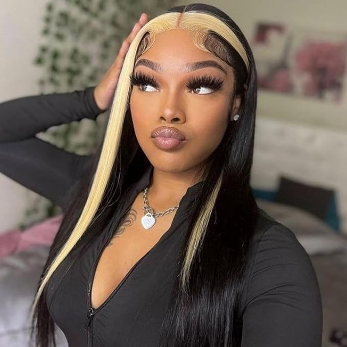 Highlight Blonde Wig 13x6 Lace Frontal Stripe Wig Natural Black with 27 Honey Blonde Color Highlight Straight Hair Lace Front Wigs 28 Inch
