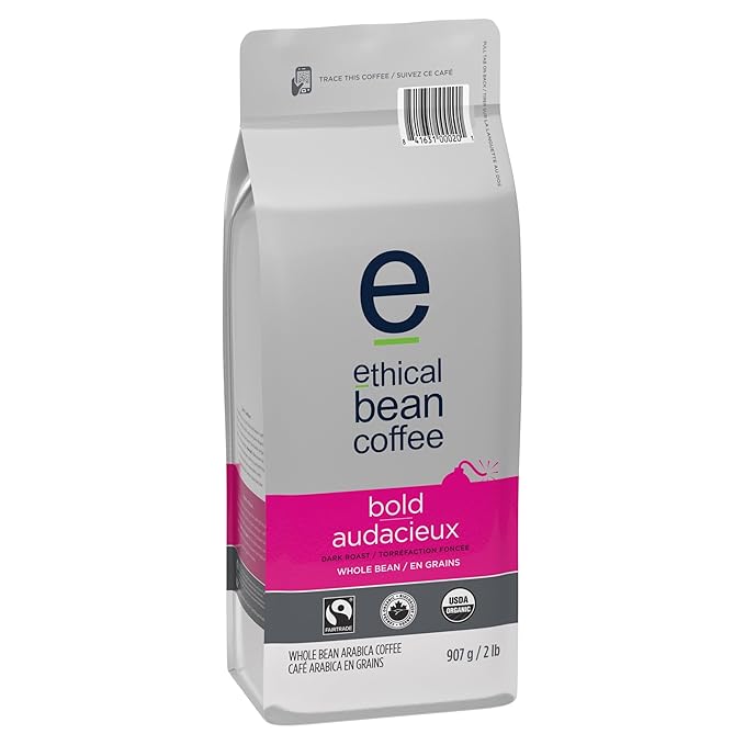 Ethical Bean Fair Trade Organic Coffee Bold Dark Roast Whole Bean Coffee - 2lb (908g) Bag