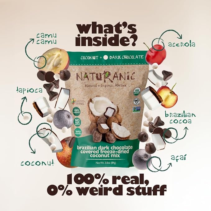 Naturanic Brazilian Dark Chocolate Covered Freeze-Dried Coconut Snack Zero Carb Keto Friendly No Sugar All Natural Organic Vegan - Pack of 2