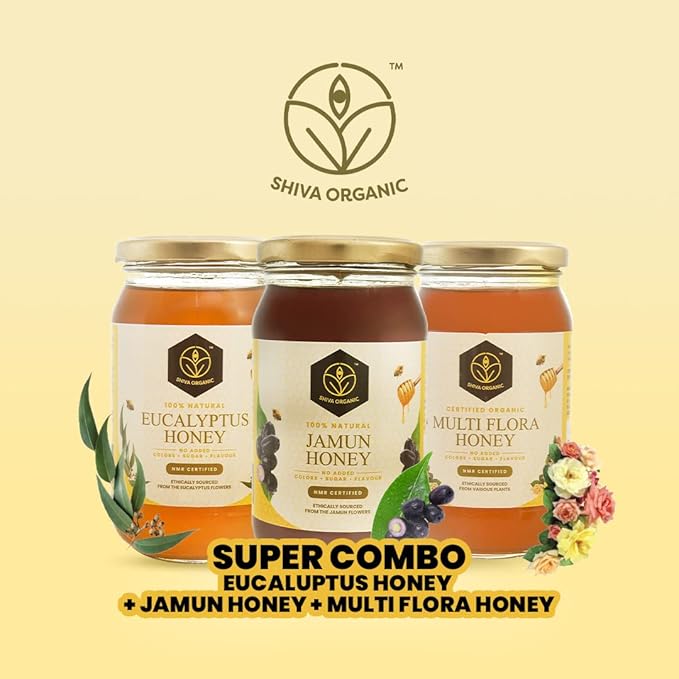 Shiva Organic Honey Combo - Eucalyptus Jamun Multi Flora - 250g Each | Diverse and Pure Honey Collection