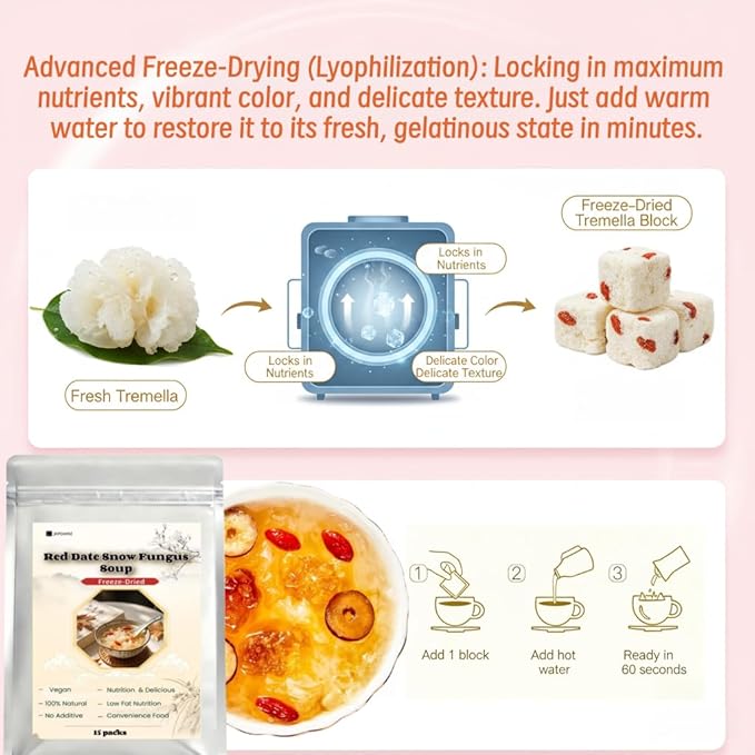 Freeze-Dried Red Date Snow Fungus Soup with Longan Instant White Fungus 100% Natural Vegan Low Fat 15 Packs