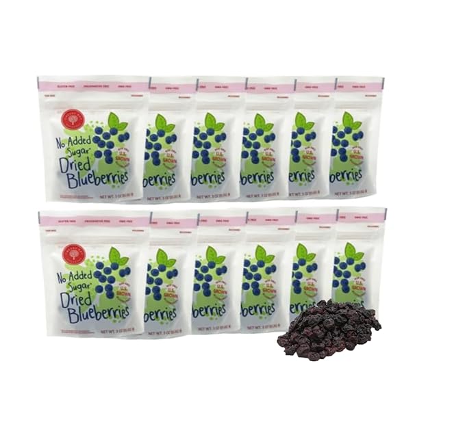Cherry Bay Orchards Dried Blueberries (3oz 12 Pack 36 oz Total) - No Added Sugar 100% Domestic All Natural Kosher Certified No Preservatives Gluten Free &amp GMO Free - Packed in a Resealable P