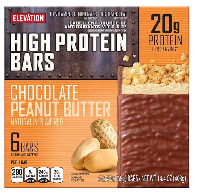 Generic 4-PACK ELEVATION HIGH PROTEIN Chocolate Peanut Butter Bars 6 Bars Per Box 24 Bars Total 20 GRAMS OF PROTEIN PER BAR