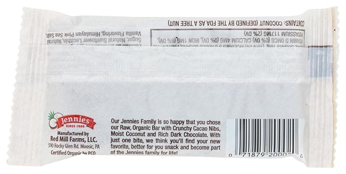 Jennies Raw Organic Coconut Bar Cacao Pow Cacao Nibs and Chocolate Gluten Free Non-GMO Peanut Free 1.5 Ounce (Pack of 12)