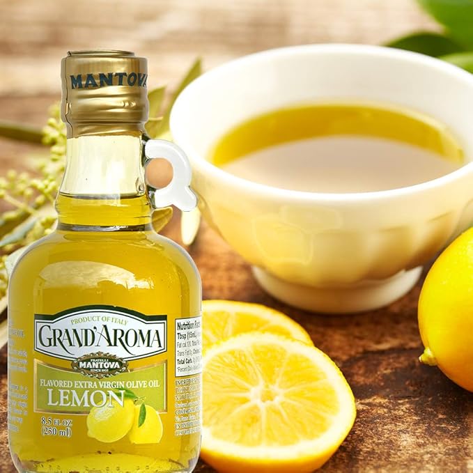 Mantova Grand’Aroma Lemon Flavored Extra Virgin Olive Oil made in Italy cold-pressed 100% natural heart-healthy cooking oil perfect for salad dressing pasta garlic bread meats or pan frying 8