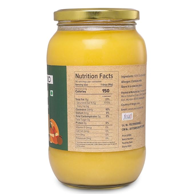 Conscious Food A2 Desi Cow Ghee - 33.814 Fl Oz (1L) Clarified Butter - 100% Pure and Premium Cultured Ghee Natural Grass Fed Indian Cow Non-GMO