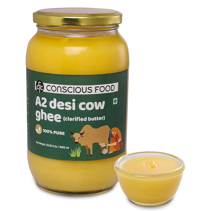 Conscious Food A2 Desi Cow Ghee - 33.814 Fl Oz (1L) Clarified Butter - 100% Pure and Premium Cultured Ghee Natural Grass Fed Indian Cow Non-GMO