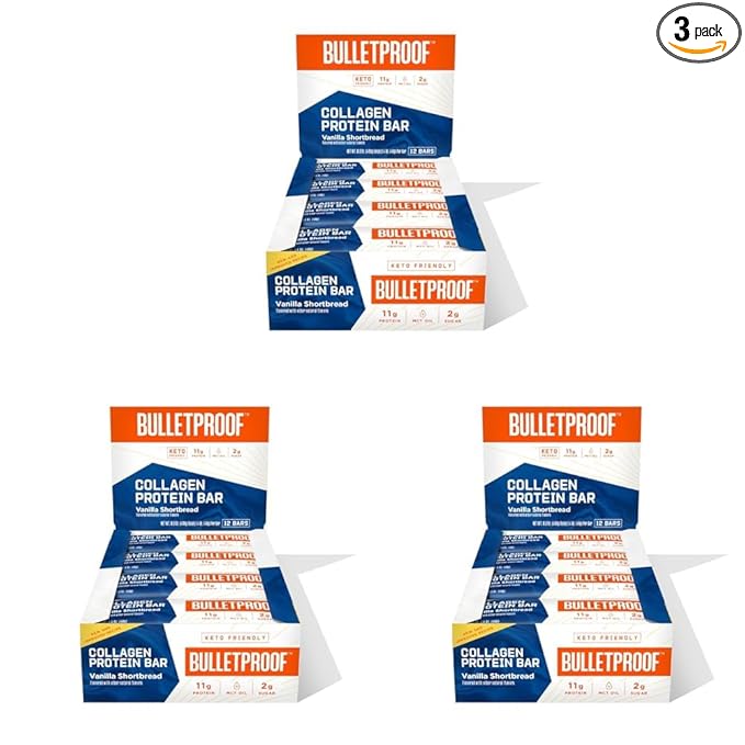 Collagen Protein Bars Vanilla Shortbread 11g Protein 36 Pack Bulletproof Grass Fed Healthy Snacks Made with MCT Oil 2g Sugar No Added Sugar