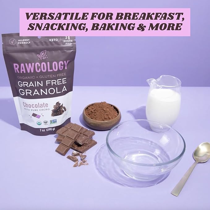 Rawcology Organic Keto Grain Free Raw Crunch Granola - Chocolate with Raw Cacao 3 x 200 Gram Pack