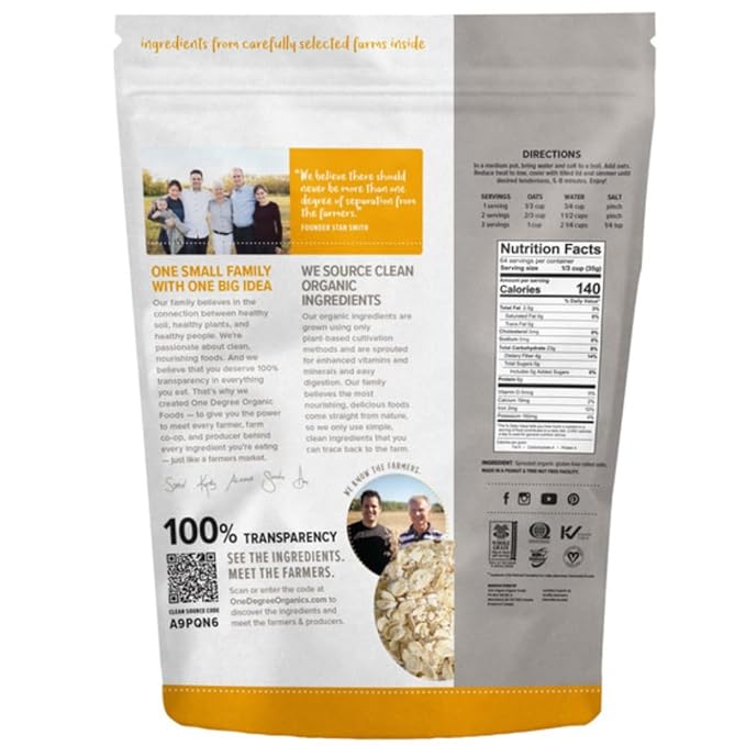 One Degree! Organic Sprouted Rolled Oats 5 lb Pouch Gluten-Free Non-GMO Plant-Based Vegan Family Size (Pack of 2 10 lbs Total)