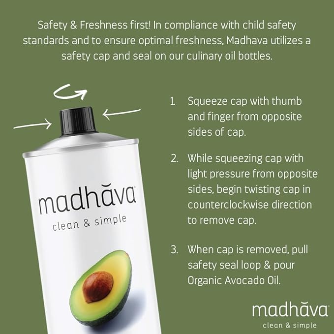 MADHAVA Avocado Oil (33.8 oz 1L Tin) Single Source 100% Pure Neutral Flavor High Heat Cooking Oil 520-Degree Smoke Point Non-GMO