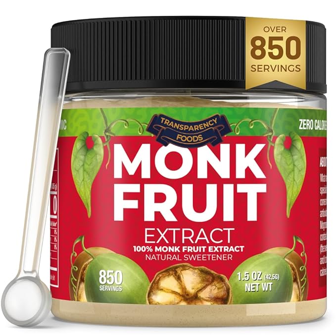 100% Monk Fruit Extract (90X Sweeter Than Sugar) Monk Fruit Sweetener No Erythritol Sugar Substitute Zero Calories Zero Glycemic Non-GMO 25% Mogroside V - Transparency Foods (1.5oz 850 servings)