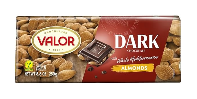 Valor. Dark Chocolate with whole Mediterranean Almonds. 250g (8.75oz). Pack of 3.
