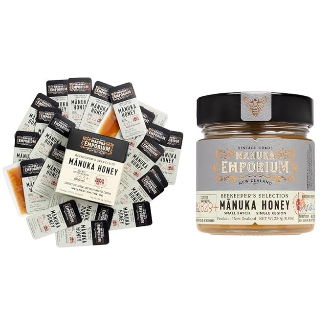Manuka Emporium Raw Manuka Honey Bundle | MGO 829+ Jar (8.8oz) &amp 24 MGO 263+ Single-Serve Packets | Certified Monofloral New Zealand Honey for Daily &amp Advanced Wellness
