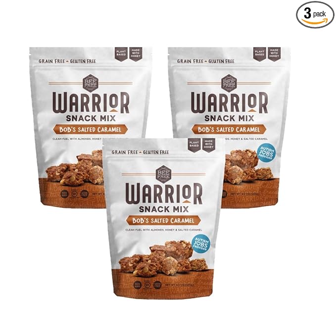 BeeFree Warrior Mix Gluten Free Granola - Chunky Granola Bites | Paleo Low Carb Grain Free Preservative Free Oat Free | Low Calorie Snacks | Bob's Salted Caramel 9 ounce bags 3 pack