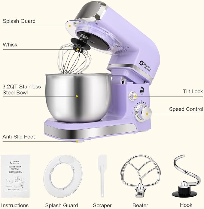 Stand Mixer Kitchen in the box 3.2Qt Small Electric Food Mixer6 Speeds Portable Lightweight Kitchen Mixer for Daily Use with Egg WhiskDough HookFlat Beater (Purple)