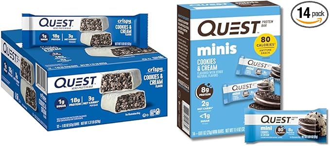 Quest Cookies &amp Cream Hero Protein Bar (18g) 12 Count &amp Mini Cookies &amp Cream Bars (14 Count) Bundle