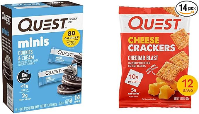 Quest Nutrition Mini Cookies &amp Cream Protein Bars High Protein Low Carb Keto Friendly 14 Count &amp Cheese Crackers Cheddar Blast High Protein Low Carb