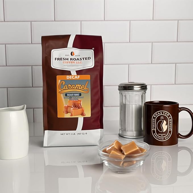 Fresh Roasted Coffee Decaf Caramel Flavored Coffee 2 lb (32 oz) Medium Roast Kosher Ground