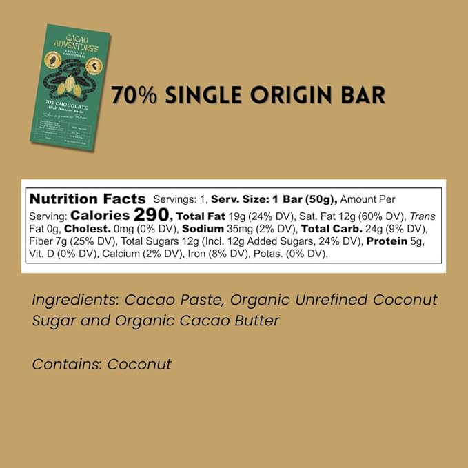Cacao Adventures - 70% Ceremonial Grade Cacao Bar | Wild Strains | Ethically Sourced Sustainably Grown | (1.76oz - Pack of 3)