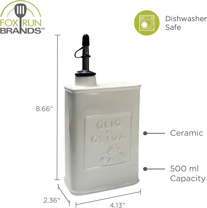 Fox Run White Ceramic Oil Can 17 oz/500 ML Olive Oil Dispenser With Pouring Spout and Cap