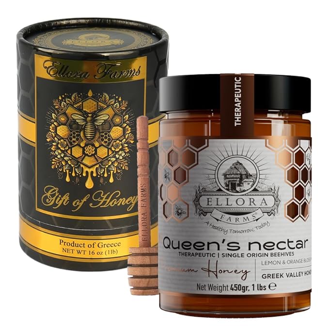 Ellora Farms Greek Honey Lemon &amp Orange Blossom Raw Honey Unfiltered 2025 Paris Platinum Award Non-GMO and Unpasteurized Gift Pack with Dipper - 450 g